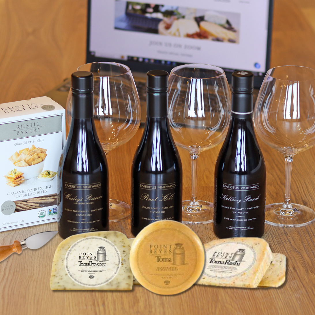 Three Bottles of Emeritus Vineyards Pinot Noir, glasses, crackers and three cheese to pair